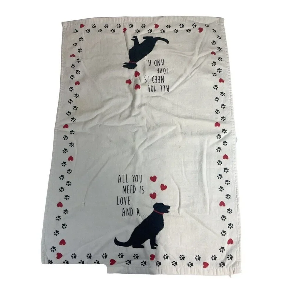 Casaba All you need is Love + Dog Kitchen bath hand towel black white hearts red